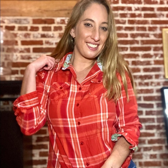 Y2K Overdrive Orange and Red Plaid Flannel Style Top - Picture 1 of 5